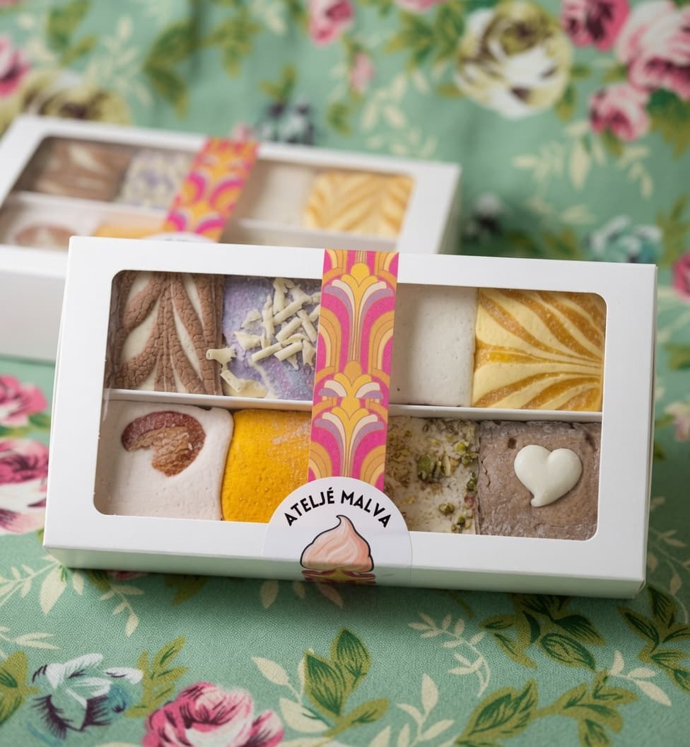 Presentask med åtta handgjorda marshmallows från Ateljé Malva