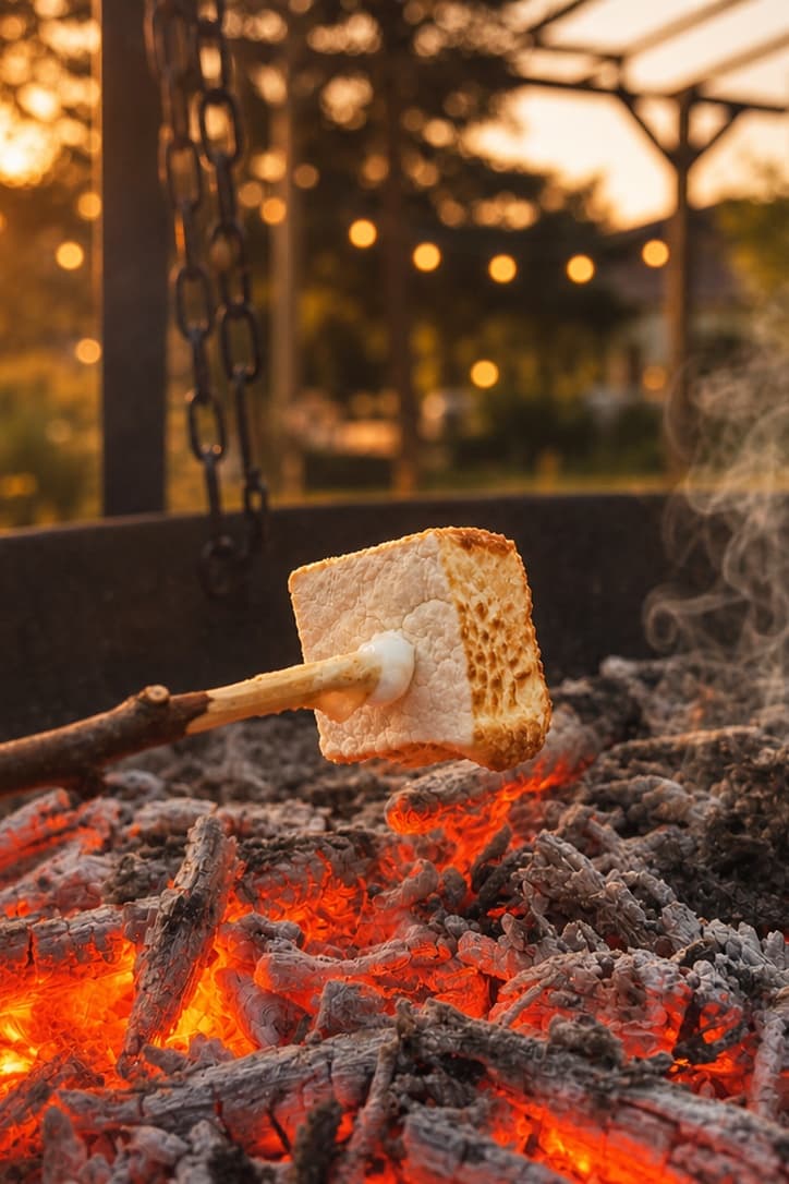Gyllenrostad marshmallow på pinne över glödande kol i kvällsljus