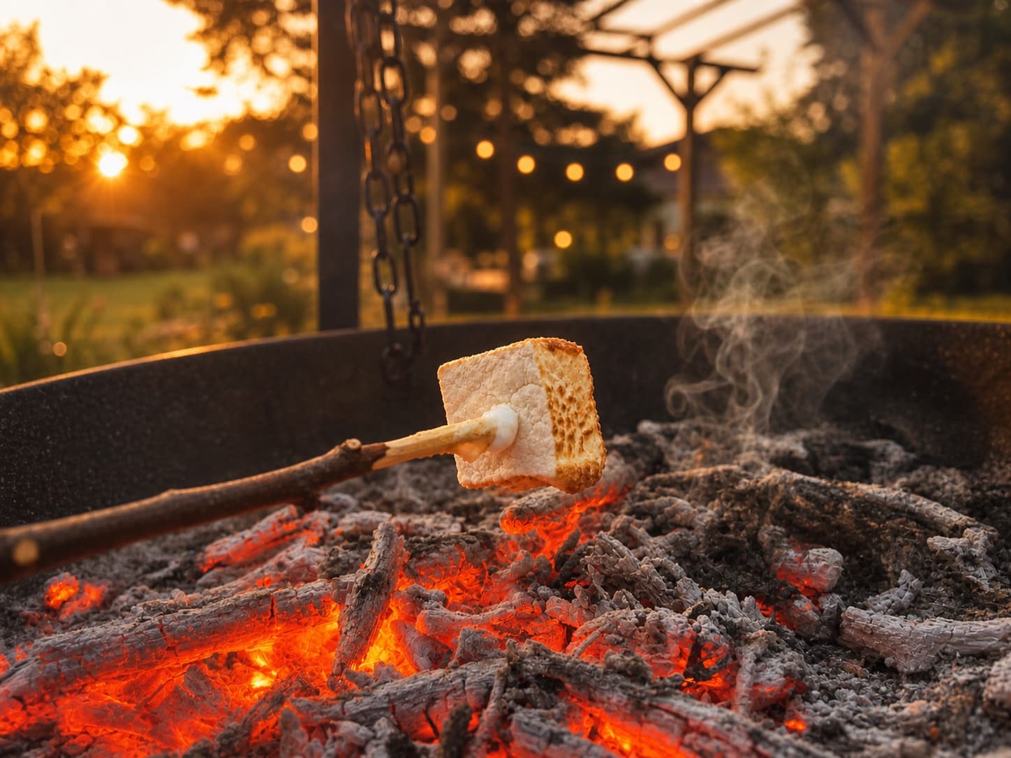 Marshmallow som rostas på pinne över glödande kol i kvällsljus