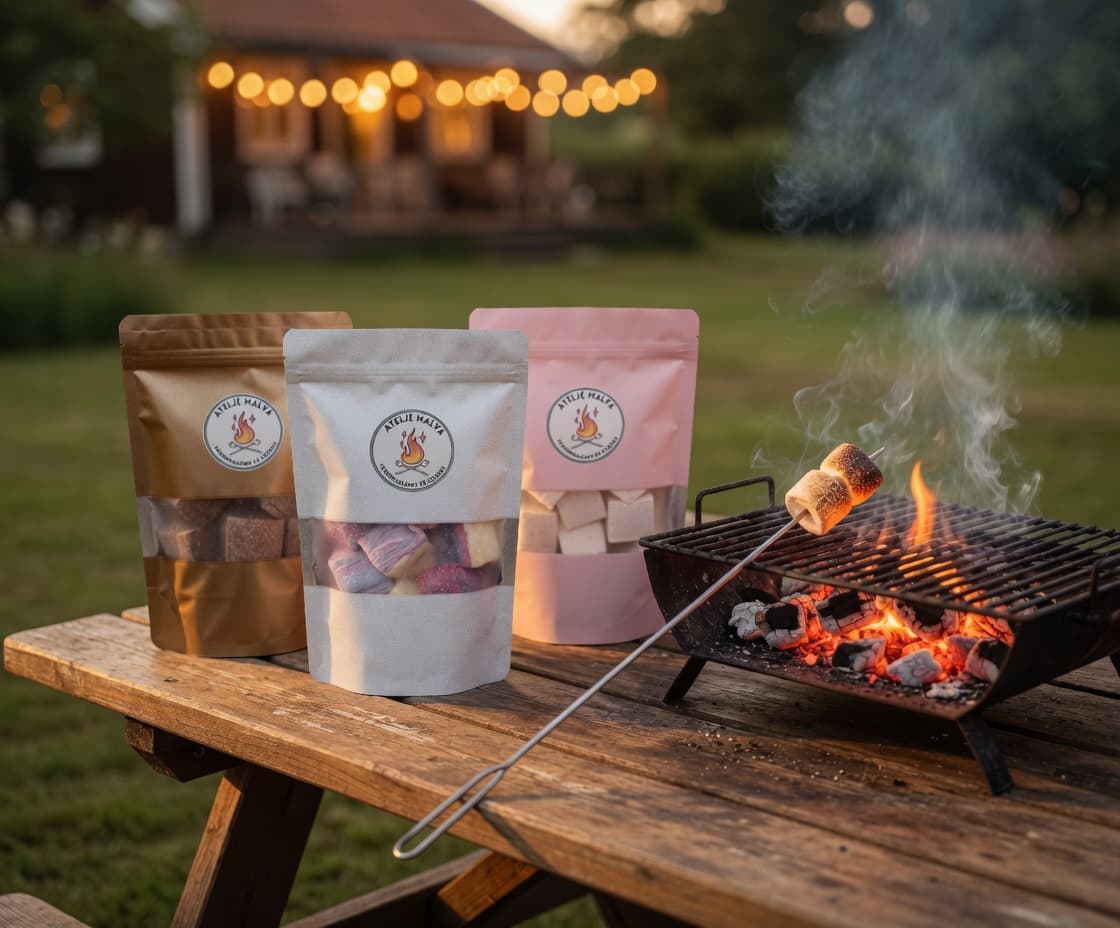 Grillpåsen från Ateljé Malva på bordet, marshmallows rostas över glöden i bakgrunden