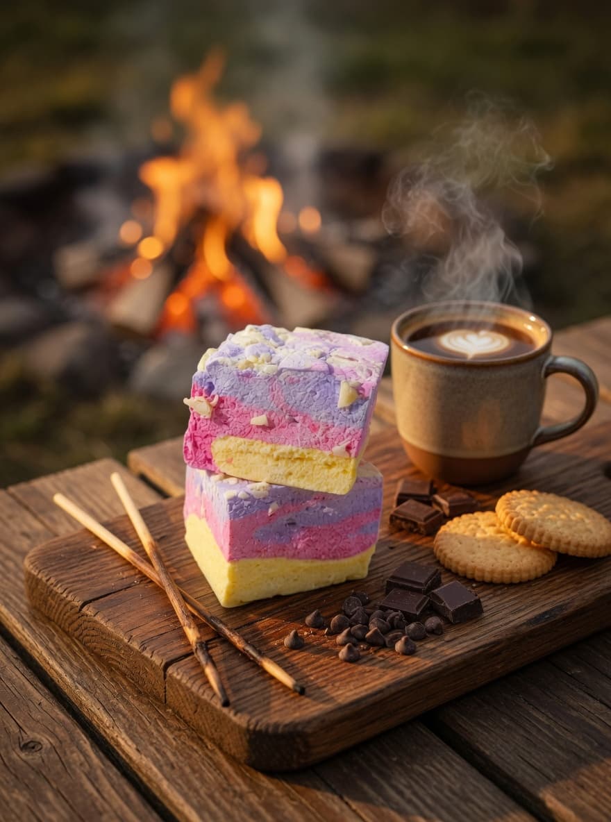 Rostad regnbågsmarshmallow med kex, choklad och kaffe vid elden