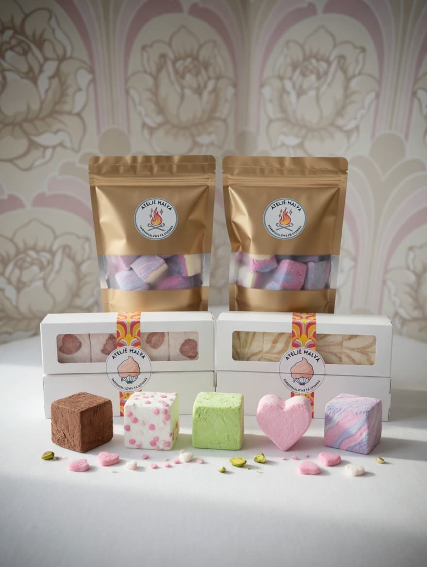 Handgjorda marshmallows från Ateljé Malva i påsar, askar och lösa bitar med pistage