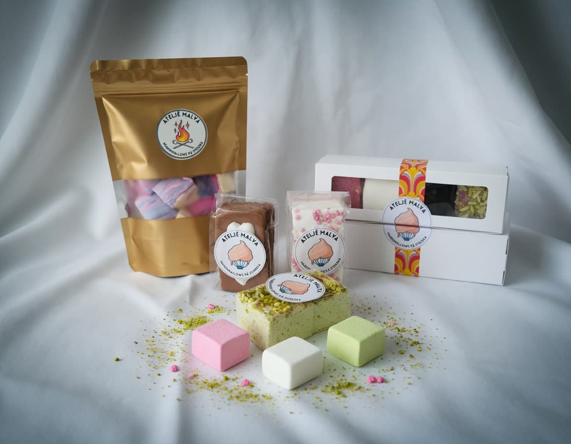 Förpackningar med Ateljé Malvas marshmallows i flera smaker